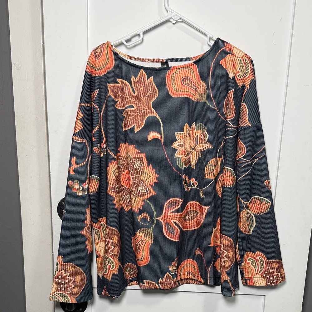 Elegant Floral Long Sleeve Top - Navy and Orange